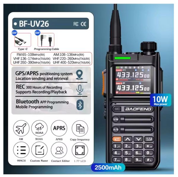 Baofeng UV26 Walkie Talkie GPS APSR Multi Band Bluetooth Programming Recording Wirless Copy Frequency Type-C Long Range Two Way Radio
