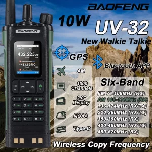 New BAOFENG UV-32 Walkie Talkie GPS 10W Bluetooth APP Programming Multi Band Wireless Copy Frequency Type-C UV32 Ham 2 Way Radio