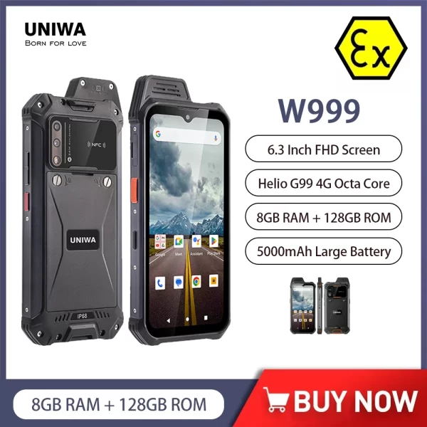 UNIWA W999 ATEX Rugged Smartphone 4G 6.3 inch FHD LCD Zello Realptt Mobile Phone Radio Remove term: Explosion-proof IP68 Waterproof 5000mAh NFC Cellphone