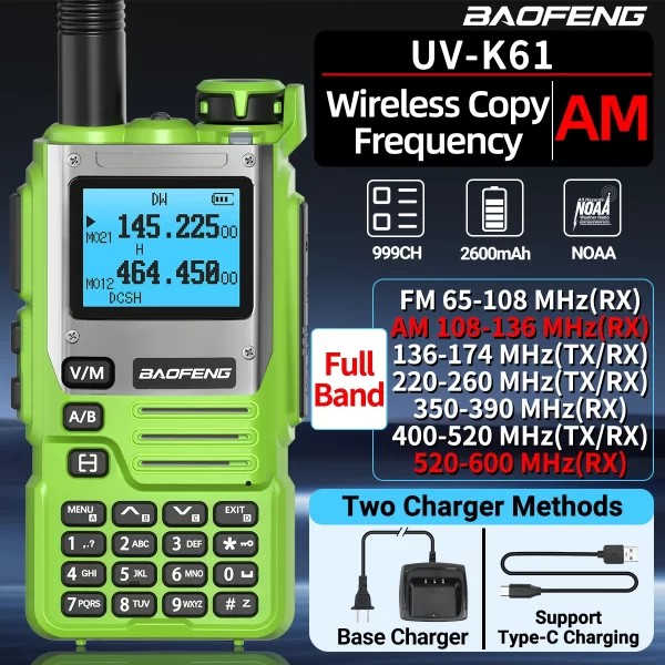 Walkie Talkie Baofeng UV-K61 Green Air Band Wireless Copy Frequency Type-C Full Band UHF VHF DTMF NOAA UV-5R Upgraded UV-K6 Ham Radio
