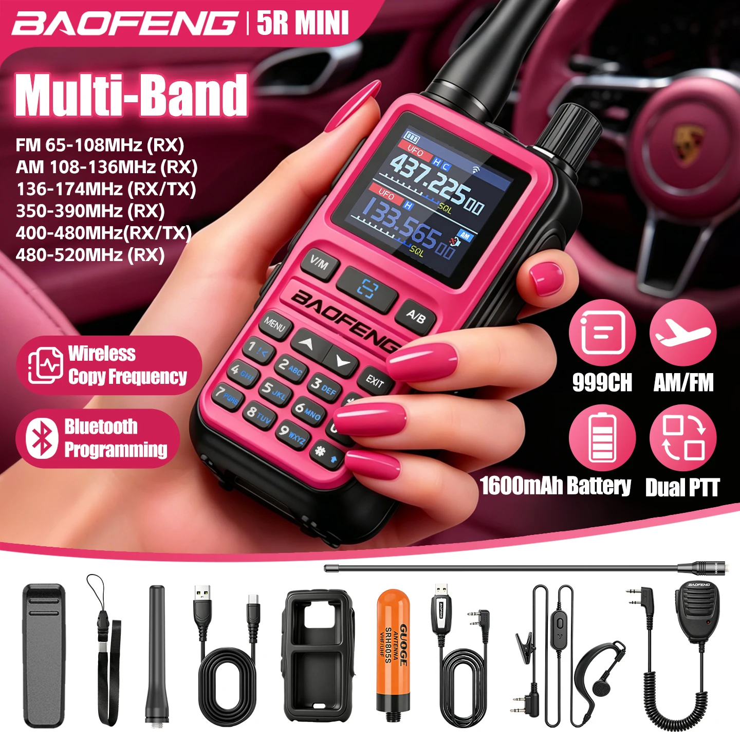 Baofeng 5Rmini Walkie-Talkie Bluetooth Programming Aviation Receiver Dual PTT Transmitter Key Outdoor Travel Baofeng Handheld Radio