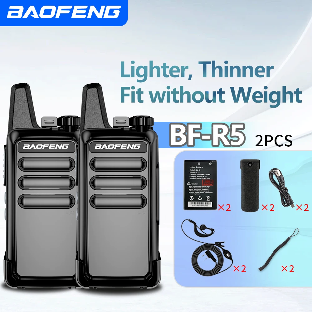 Compact Baofeng BF-R5 Mini Dual Band Walkie Talkie 5W High Power USB Rechargeable Slim Radio for Camping Security